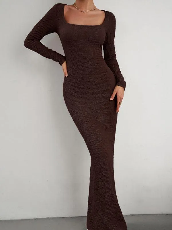 Chic Long Sleeve Square Neck Knit Dress for Women - Perfect for Any Occasion