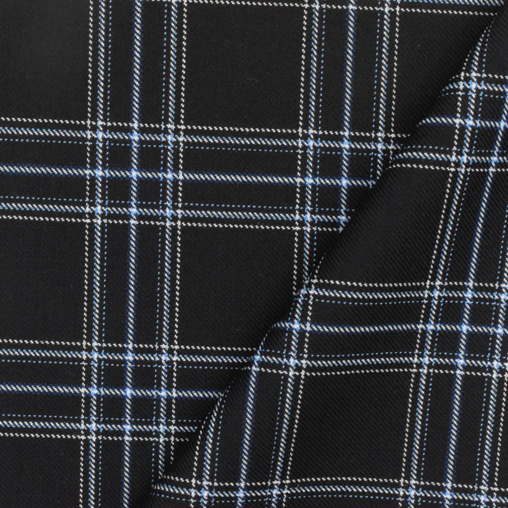 Cold Black-Blue-Multi Plaid Poly-Wool Twill Woven Fabric