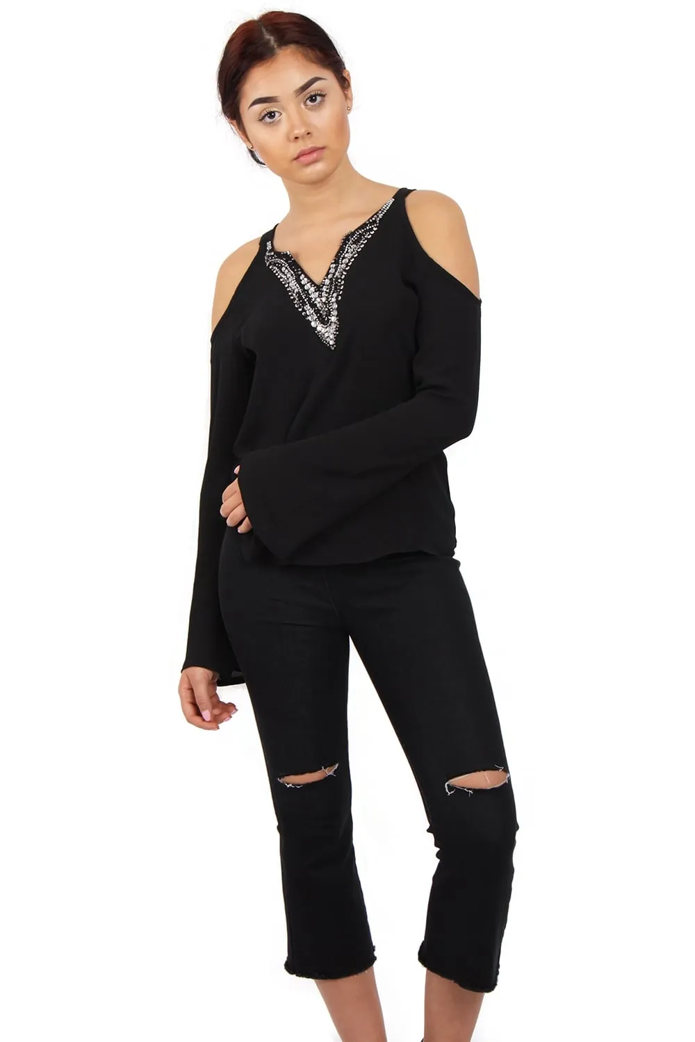 Cold Shoulder Embellished Neckline Bell Sleeve Top