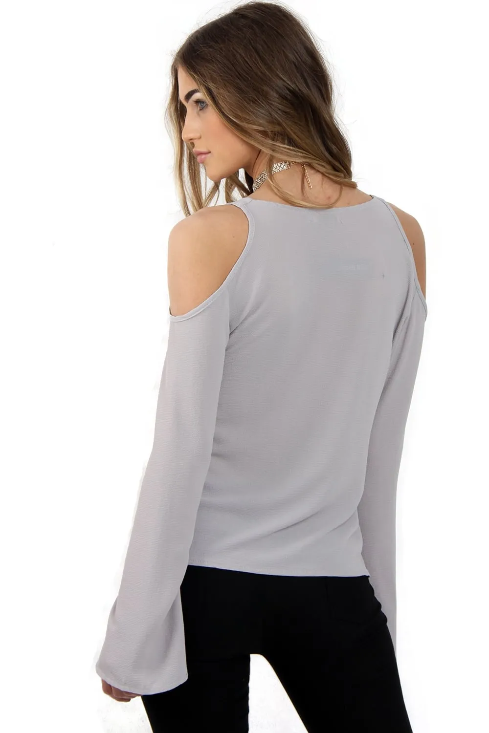 Cold Shoulder Embellished Neckline Bell Sleeve Top