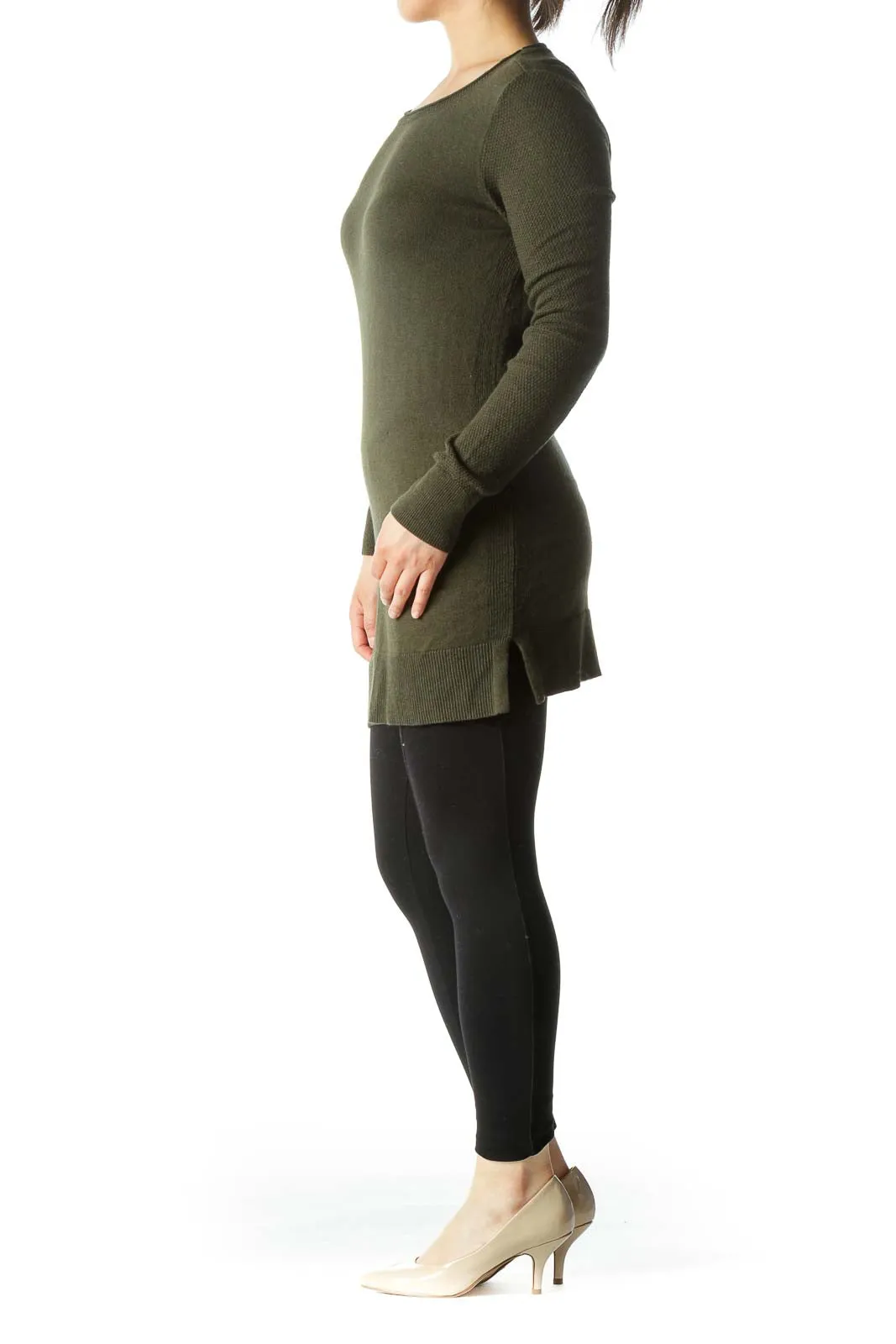 Dark Green Round-Neck Long-Sleeve Knit Sweater