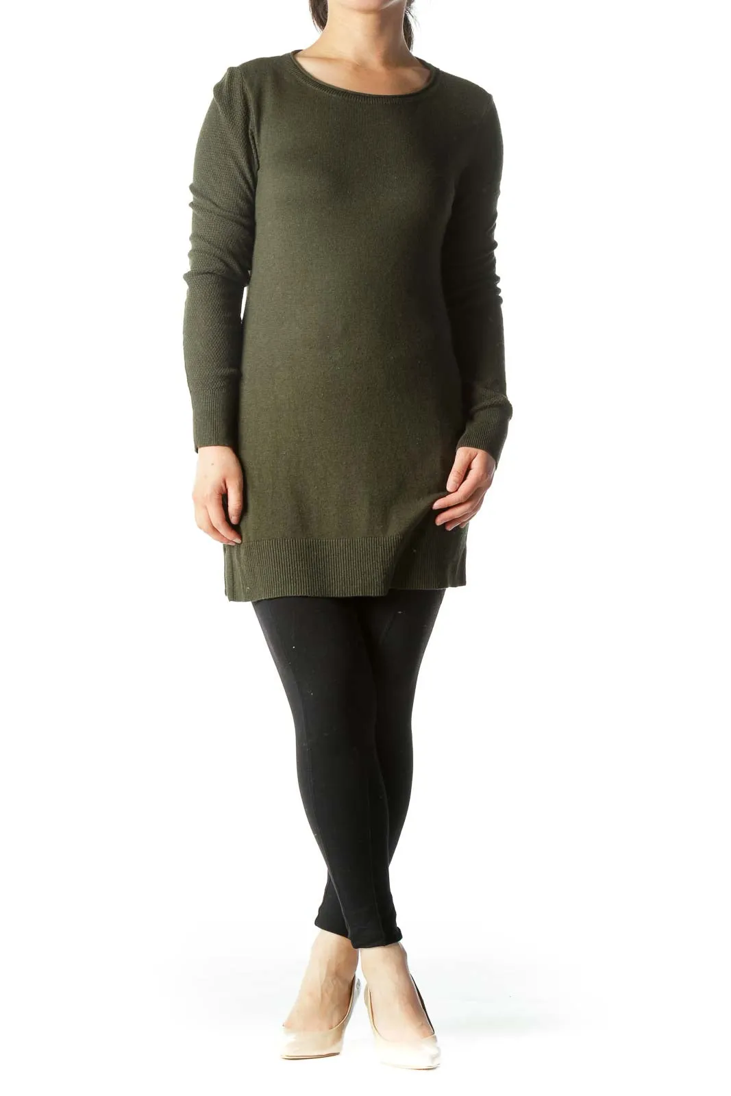 Dark Green Round-Neck Long-Sleeve Knit Sweater