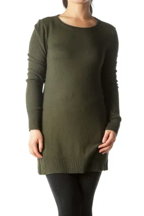 Dark Green Round-Neck Long-Sleeve Knit Sweater