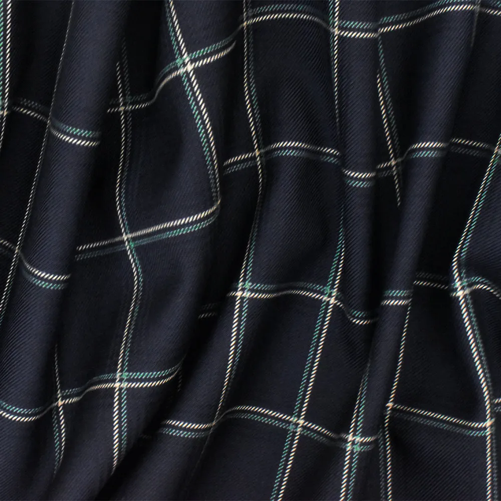 Deep Navy-Beige-Green Check Wool-Poly Twill Woven Suiting Fabric