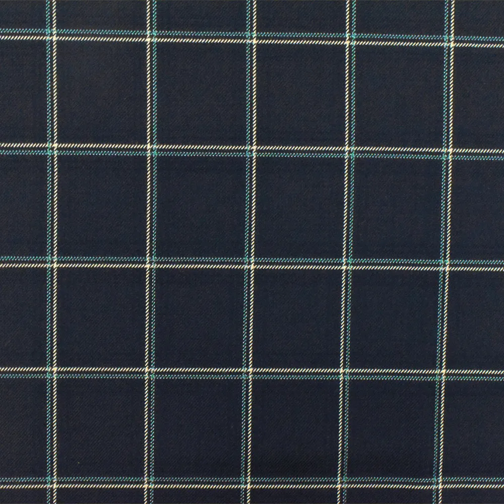 Deep Navy-Beige-Green Check Wool-Poly Twill Woven Suiting Fabric