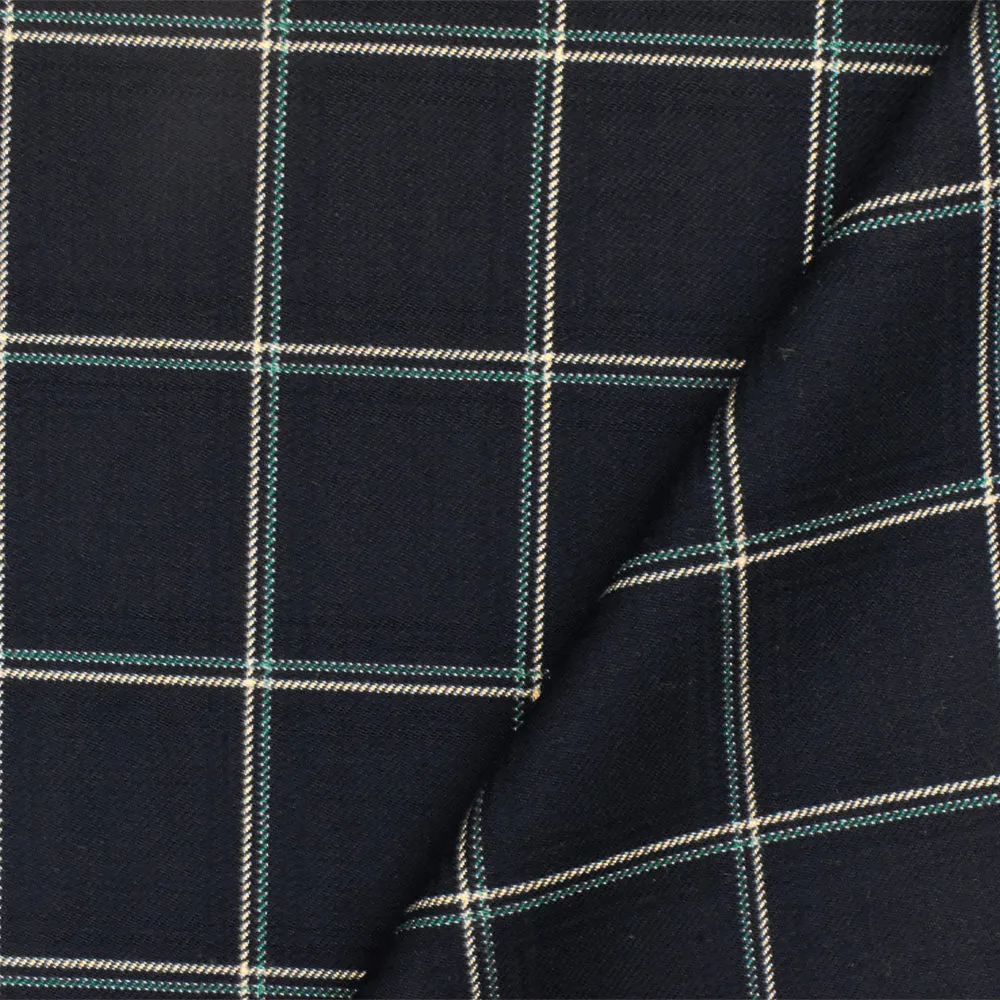 Deep Navy-Beige-Green Check Wool-Poly Twill Woven Suiting Fabric