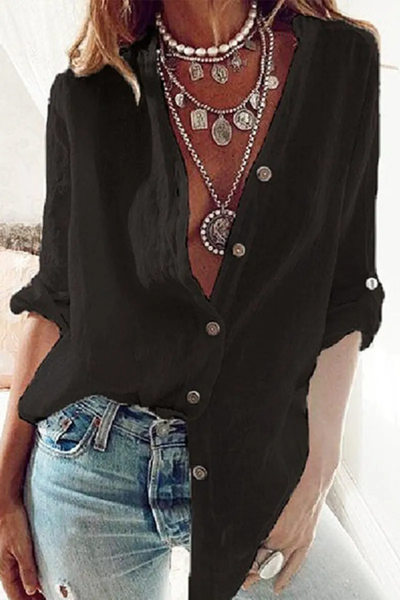 Fashion Solid Patchwork V Neck Tops(4 Colors)