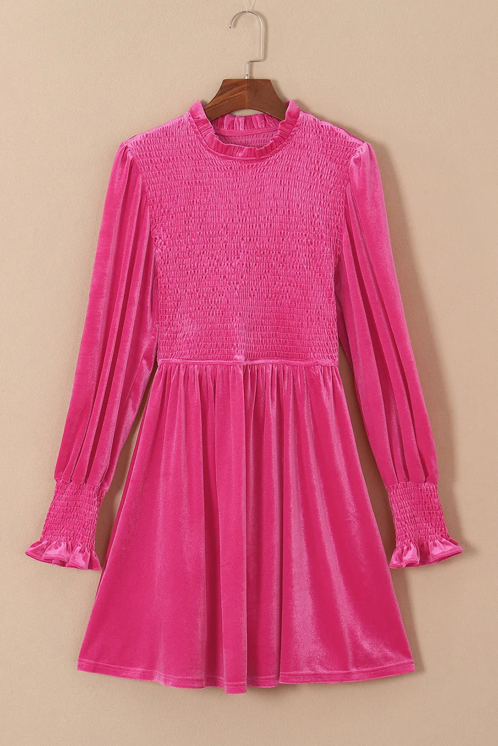 Frilled Neck Smocked Velvet Dress