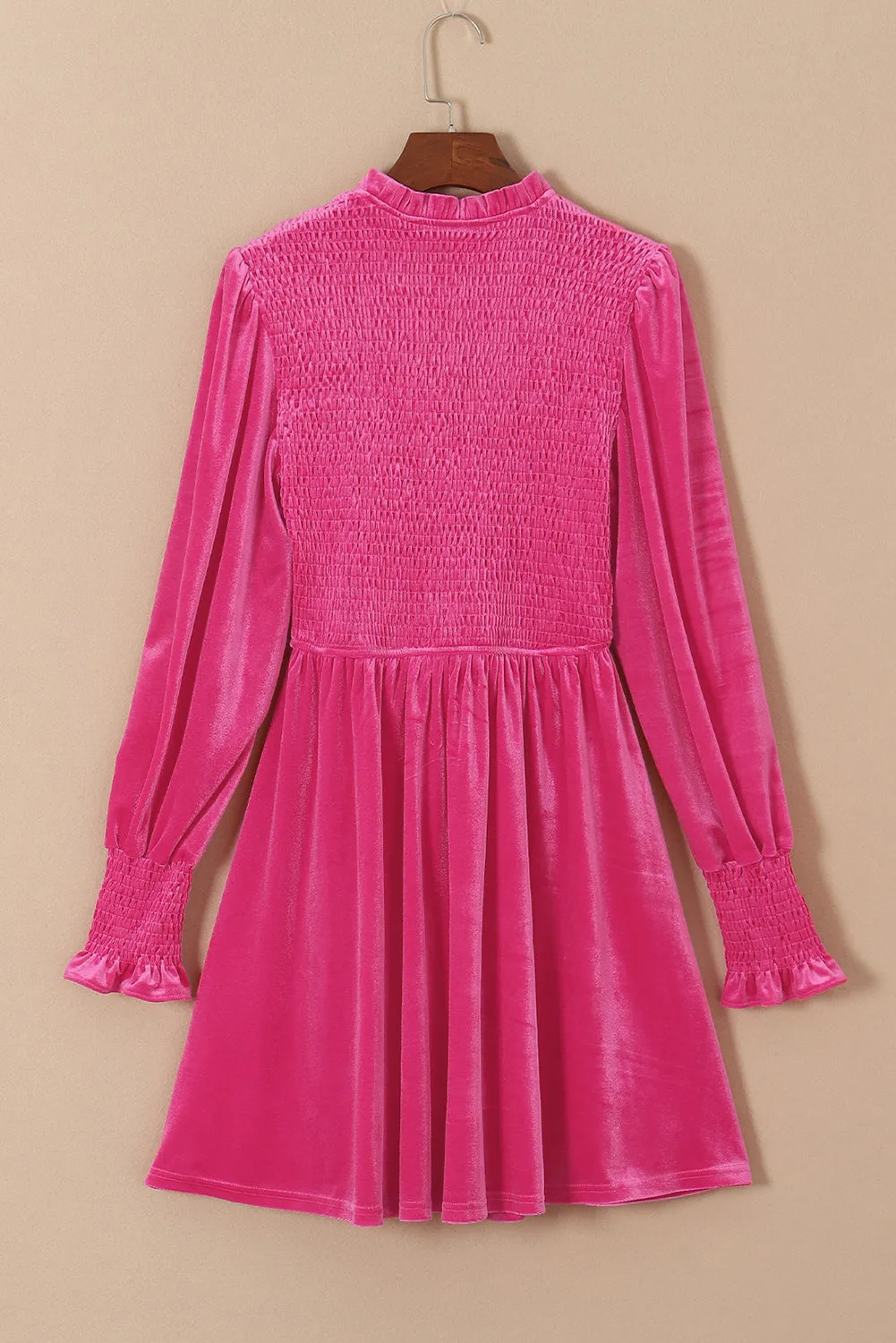 Frilled Neck Smocked Velvet Dress