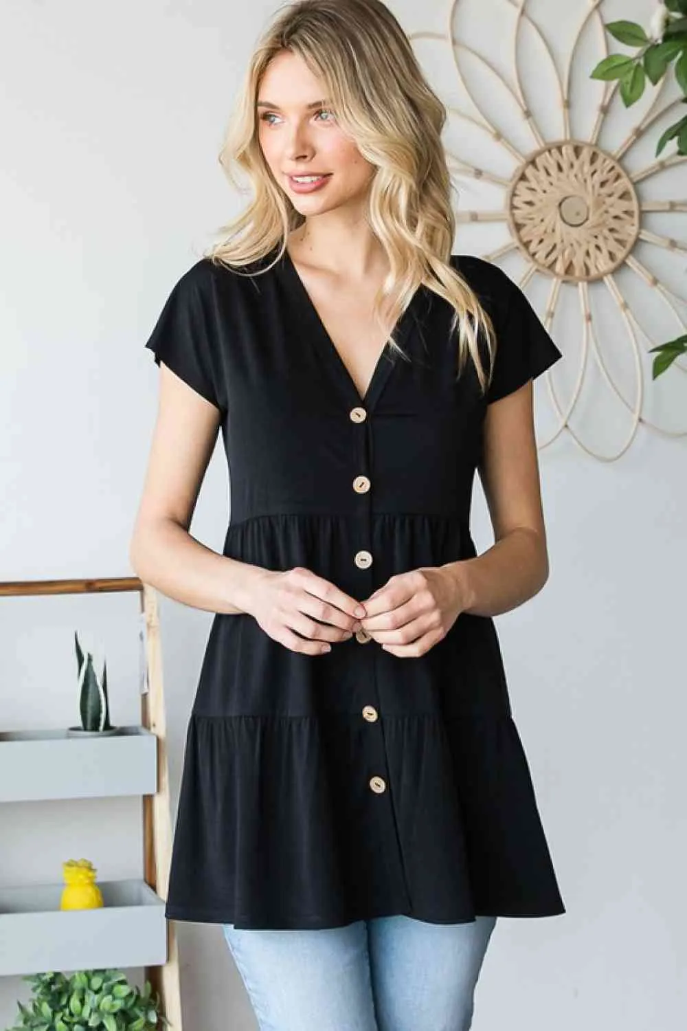 Full Size Buttoned V-Neck Tiered Top