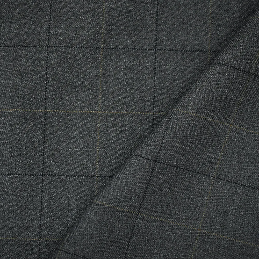 Gray-Brown-Deep Navy Poly-Wool Check Herringbone Suiting Woven Fabric