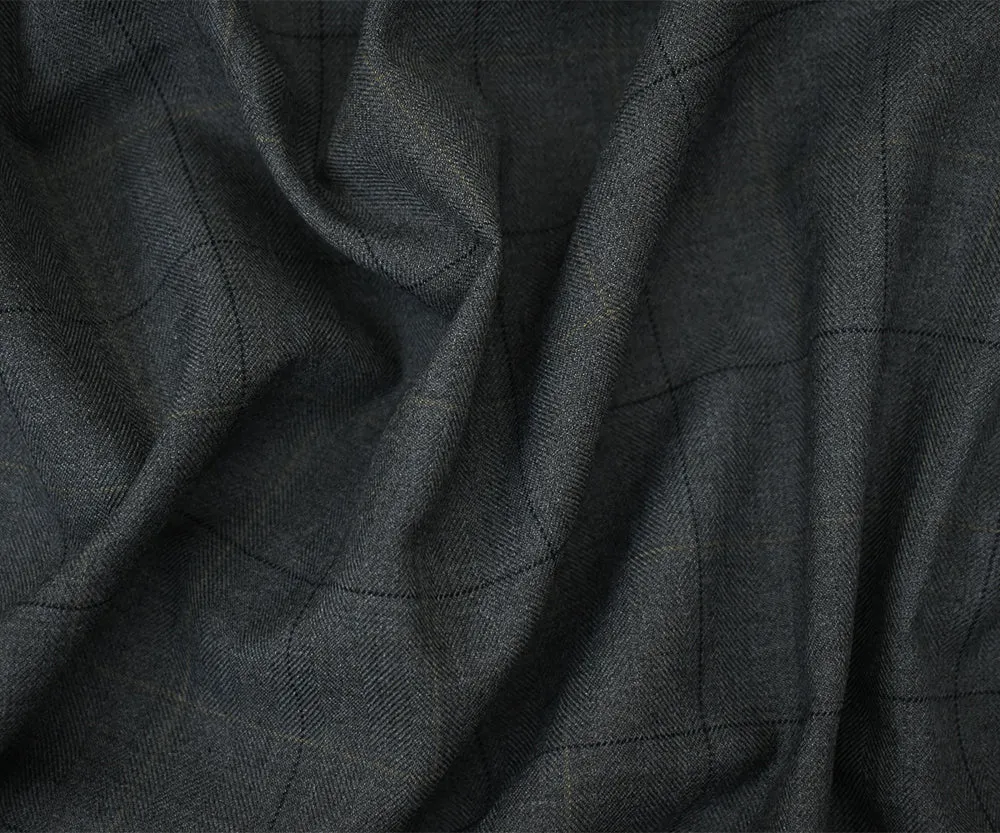 Gray-Brown-Deep Navy Poly-Wool Check Herringbone Suiting Woven Fabric