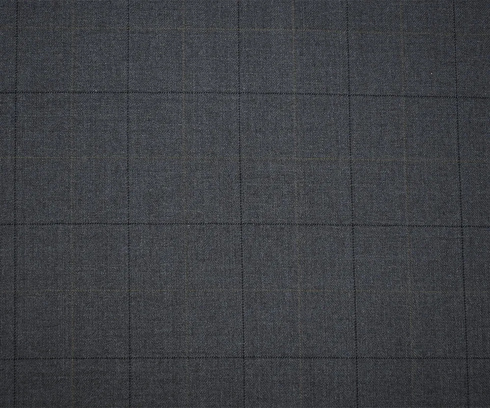 Gray-Brown-Deep Navy Poly-Wool Check Herringbone Suiting Woven Fabric