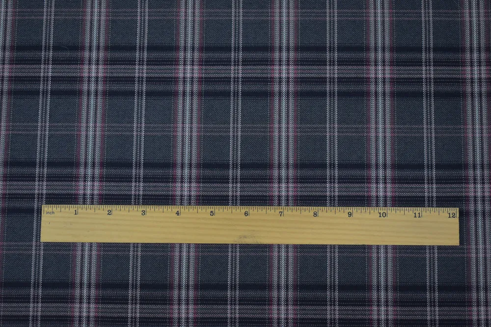 Gray-Pink-Multi Wool Polyester Plaid Twill Suiting Woven Fabric