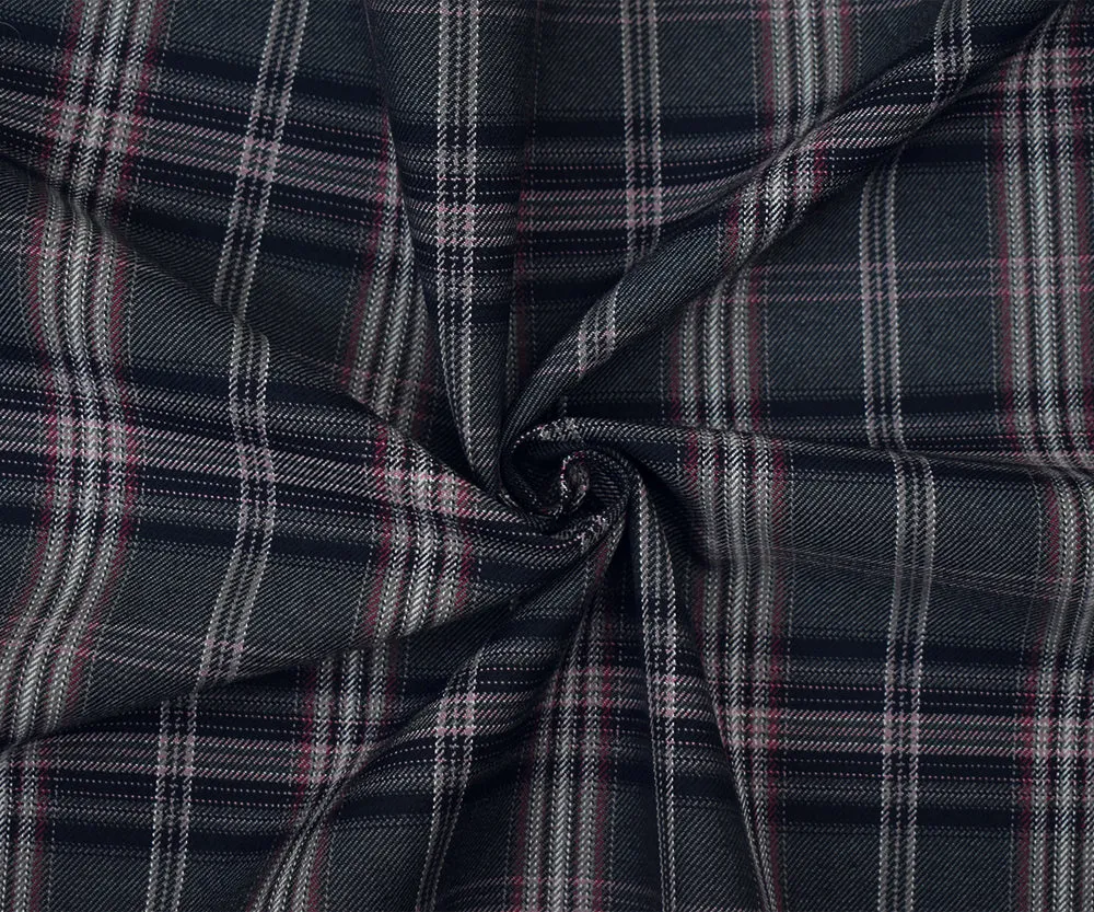 Gray-Pink-Multi Wool Polyester Plaid Twill Suiting Woven Fabric