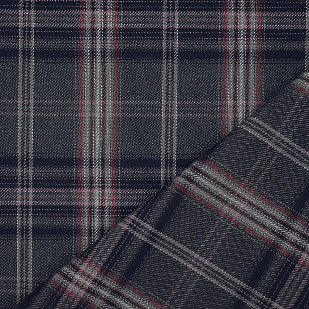 Gray-Pink-Multi Wool Polyester Plaid Twill Suiting Woven Fabric