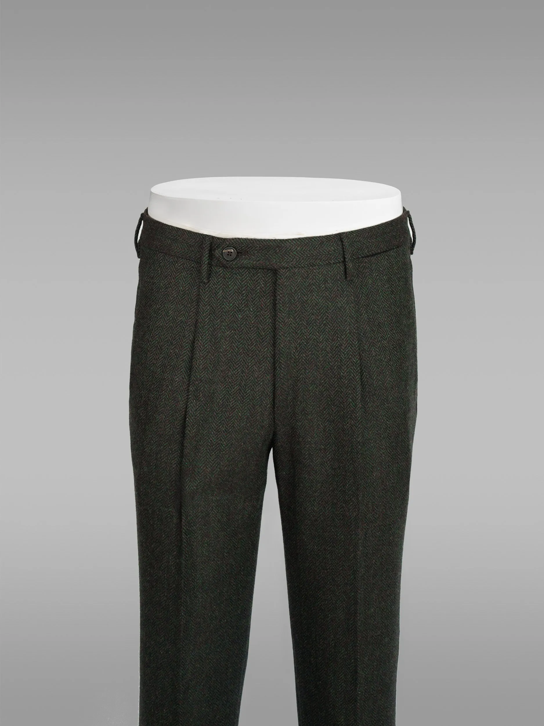 Green melange herringbone wool cashmere trousers