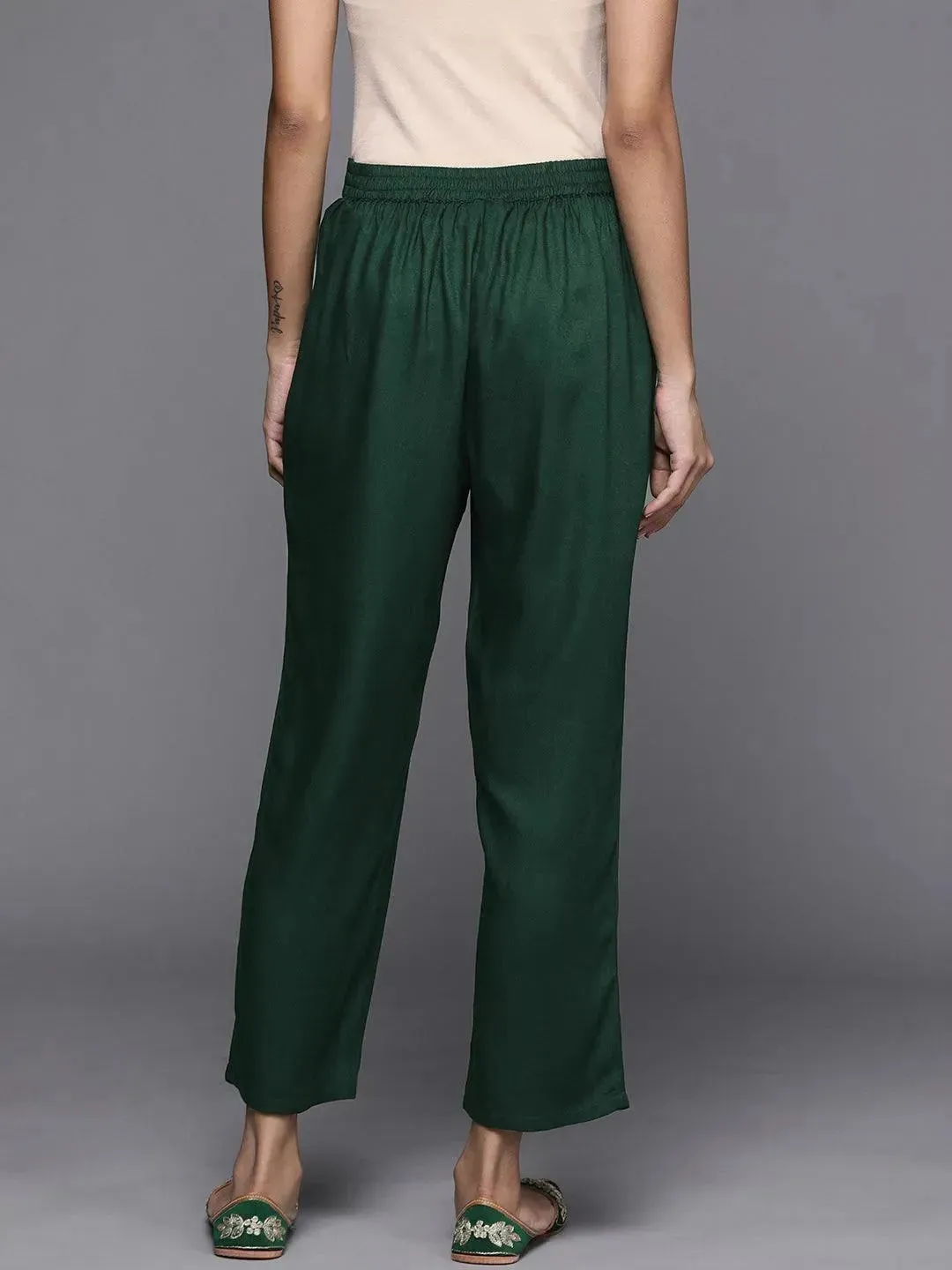 Green Solid Pashmina Wool Trousers