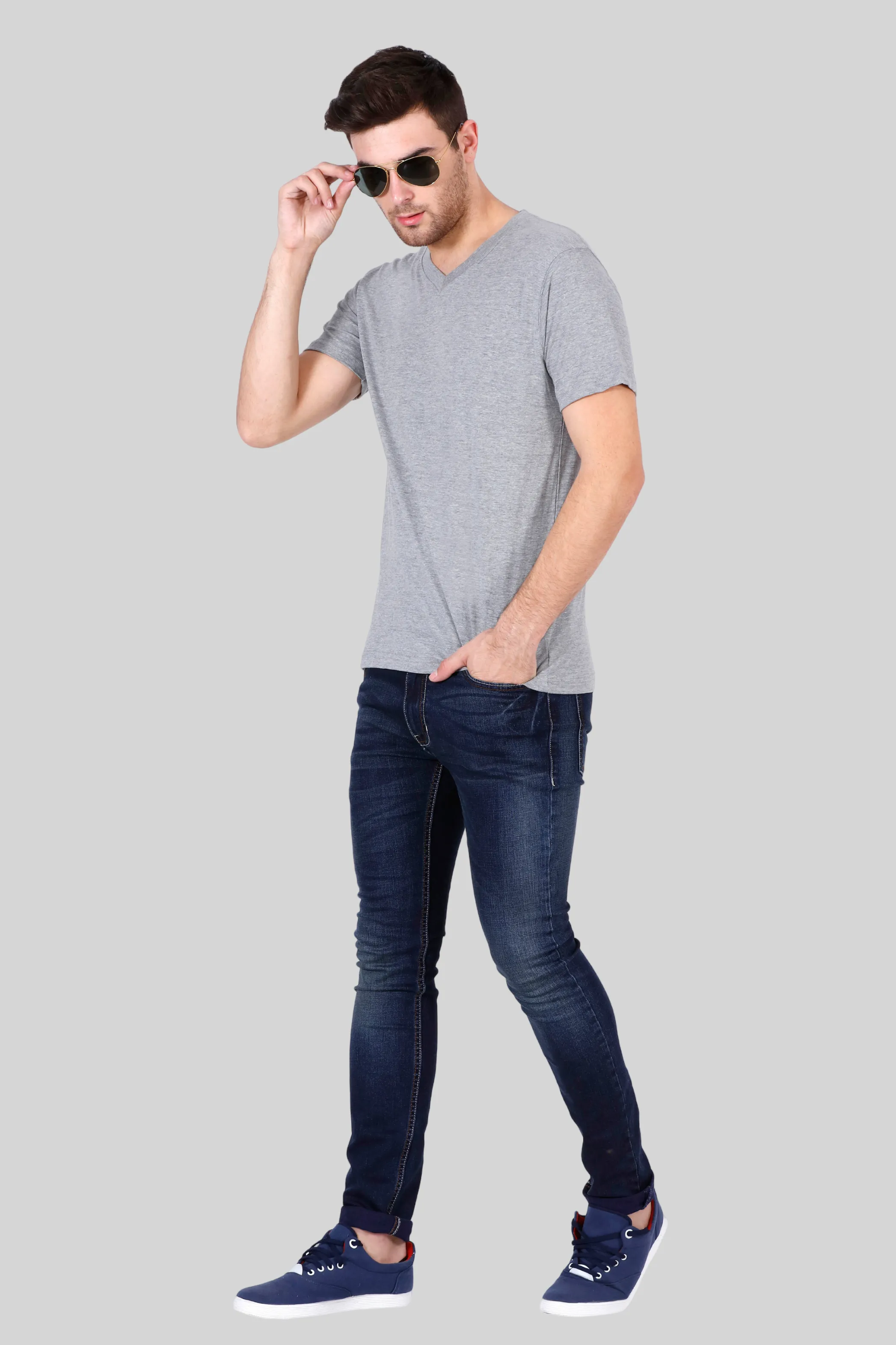 Grey Melange V Neck T-shirt for men