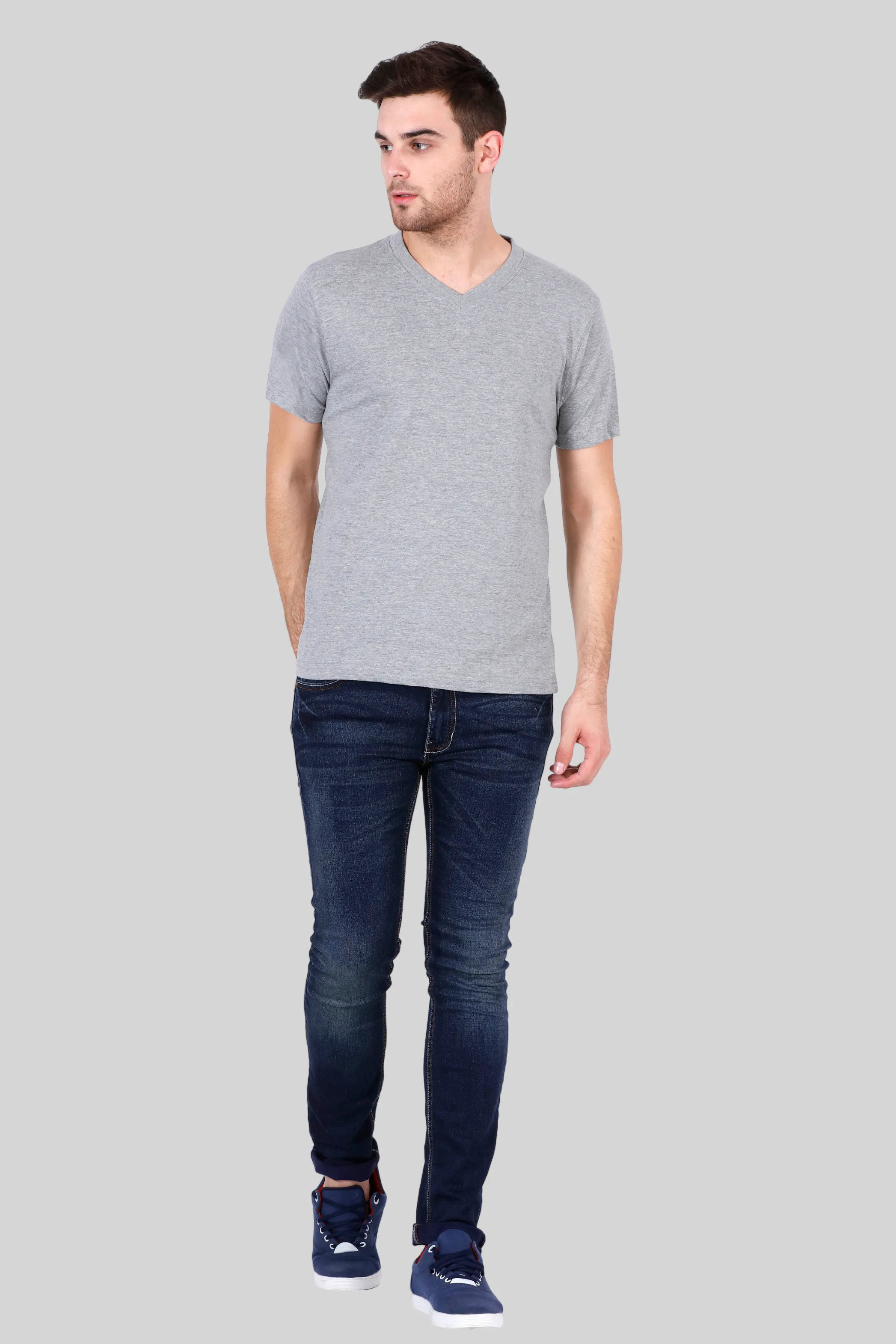 Grey Melange V Neck T-shirt for men