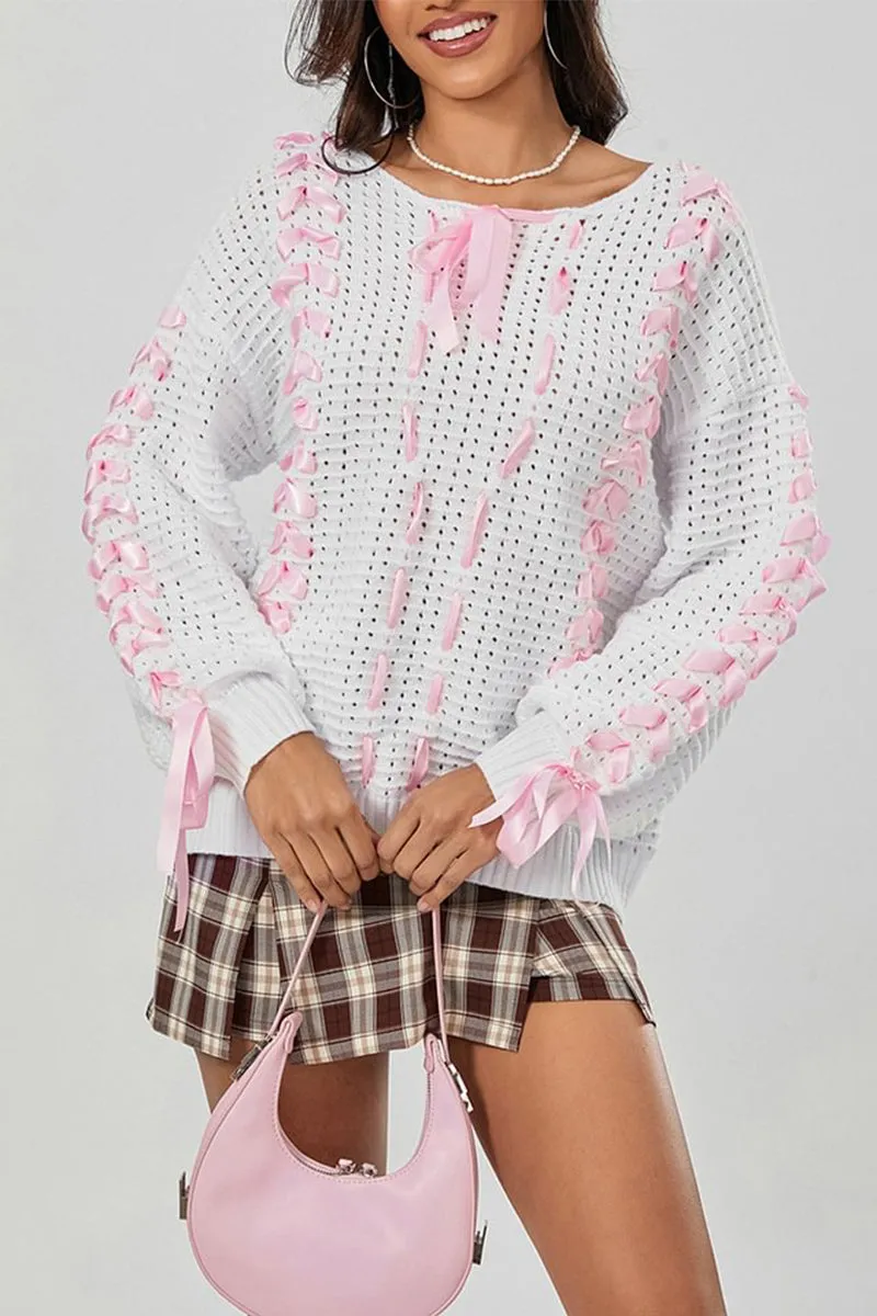 HWS1199 Ribbon Lace-Up Knit Sweater