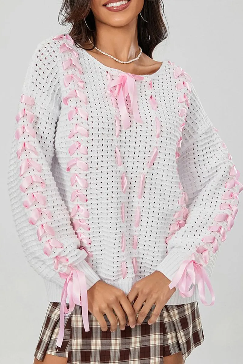 HWS1199 Ribbon Lace-Up Knit Sweater