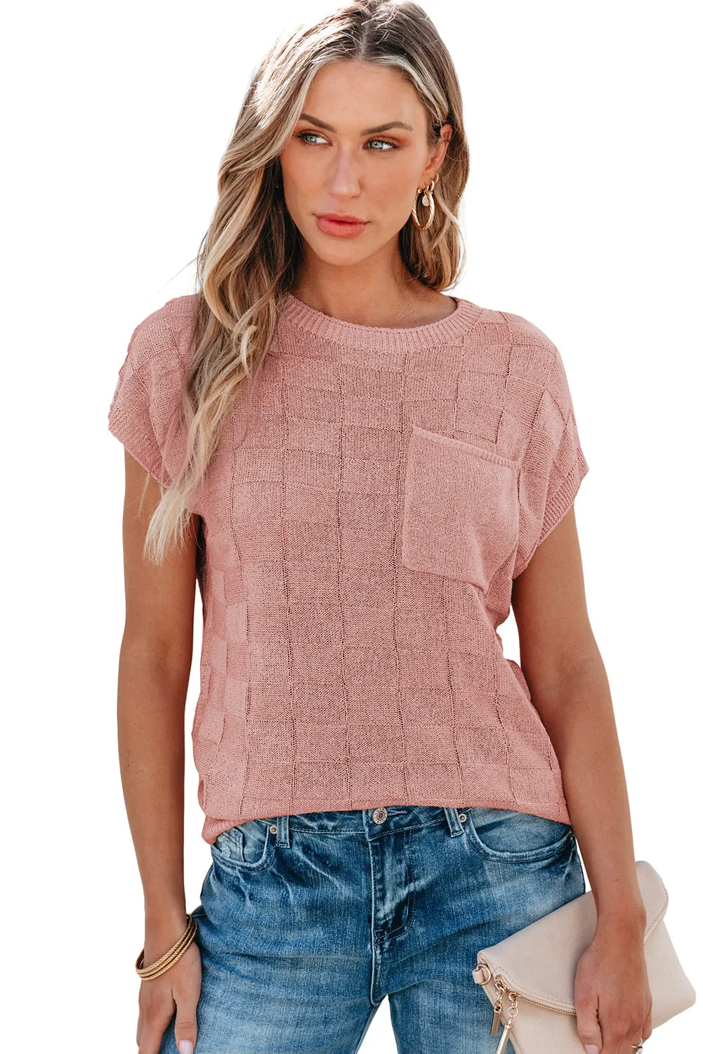 Lattice Textured Knit Short Sleeve Sweater