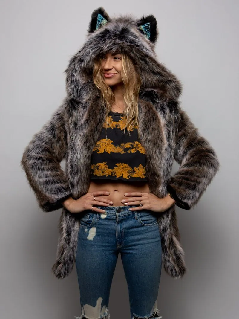 LE Grey Wolf Palm Faux Fur Coat