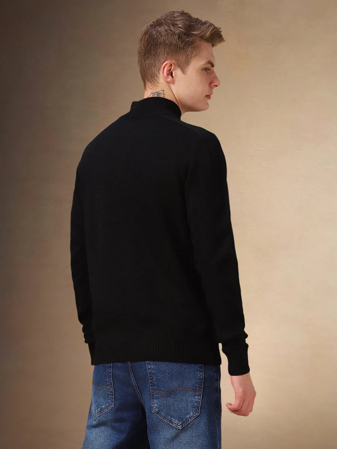 Men's Black Cable Knit Mock Neck Full Sleeves Pullover Sweater