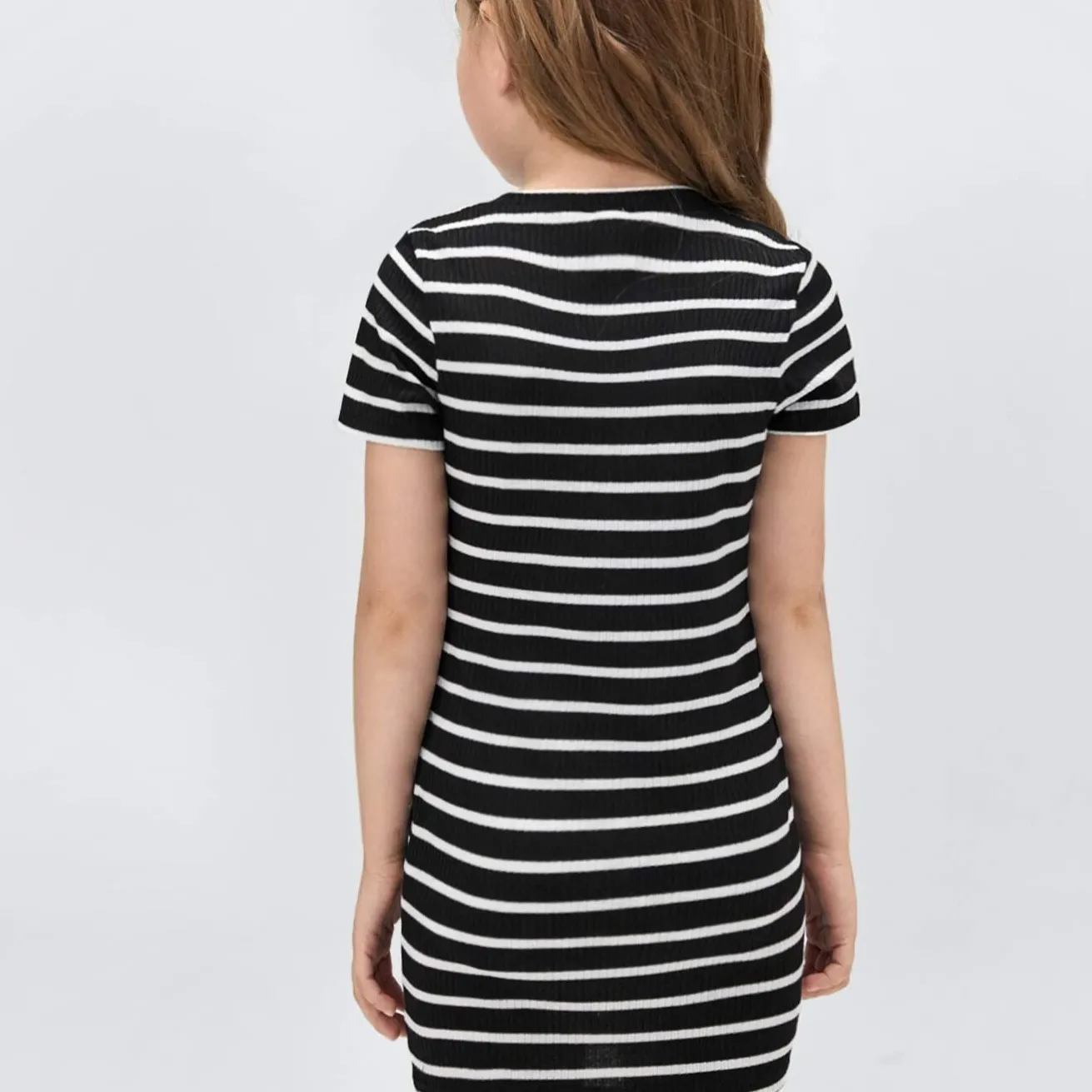 Mom and Daughter Matching Striped Ribbed Knit Bodycon Short Sleeve Dress