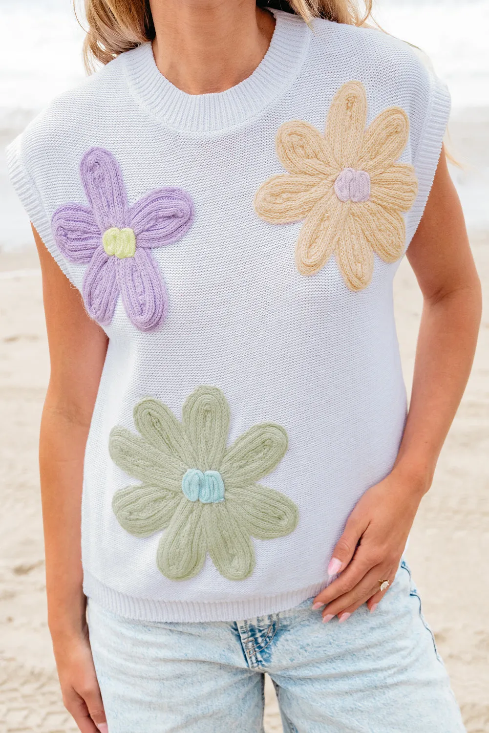 Multi Crochet Flower Knit Sweater Tops