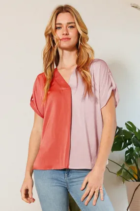 ODDI V- Neck Color Block Satin Blouse