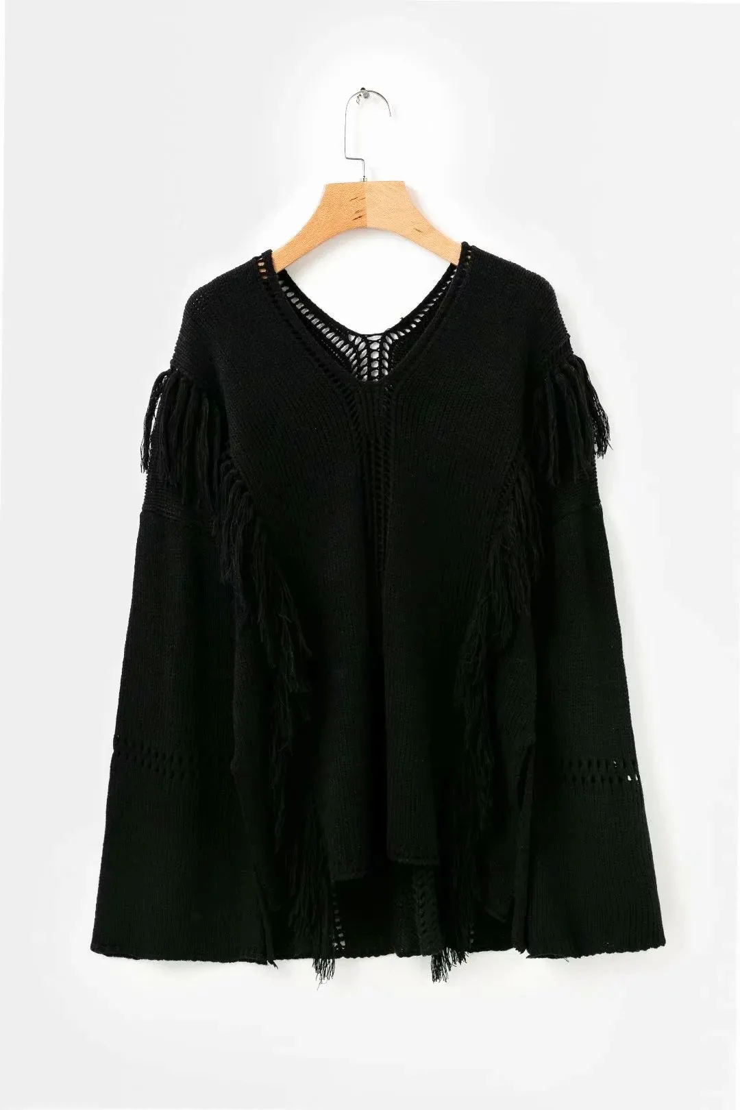 Openwork Tassel V- neck Sweaters