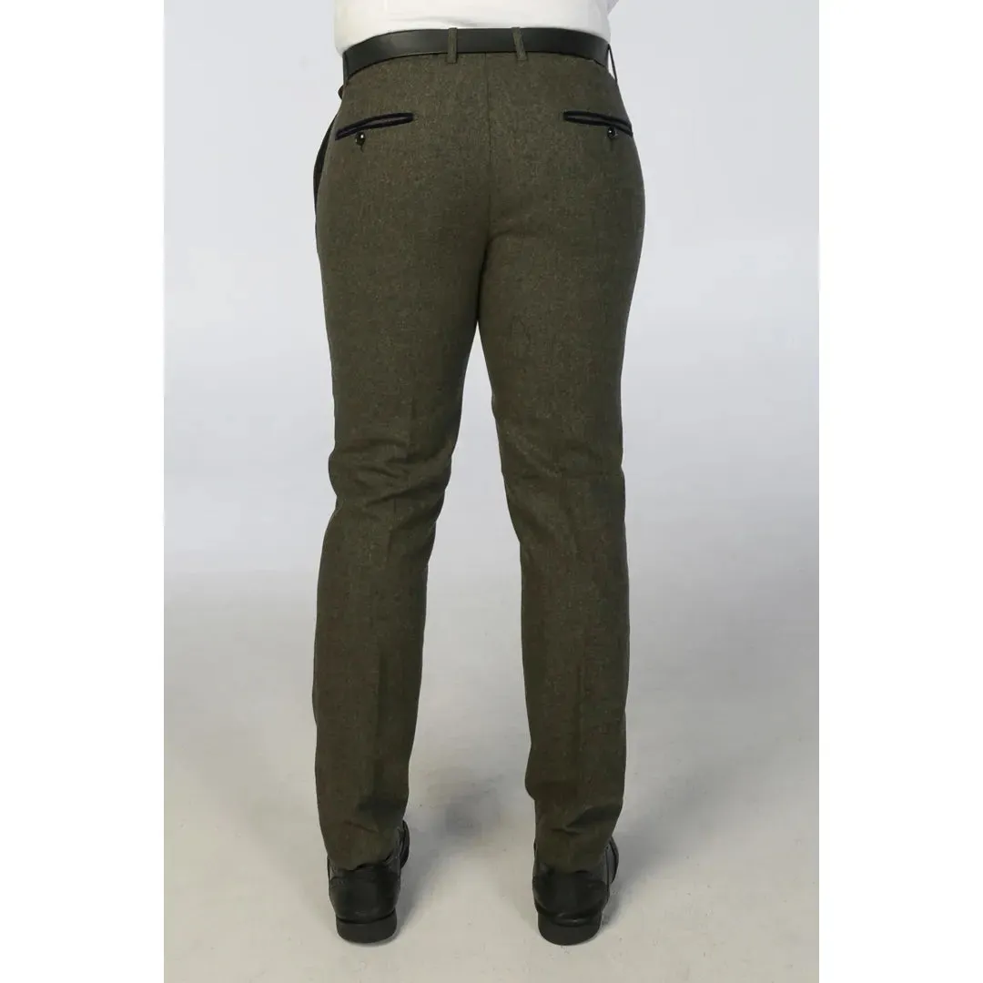 Oscar - Men's Olive Green Wool Blend Tweed Trousers