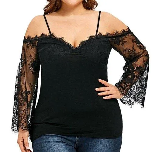 Plus Size Off Shoulder Lace Long Sleeve Top