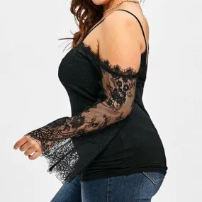 Plus Size Off Shoulder Lace Long Sleeve Top