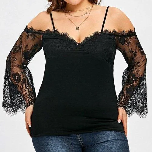 Plus Size Off Shoulder Lace Long Sleeve Top