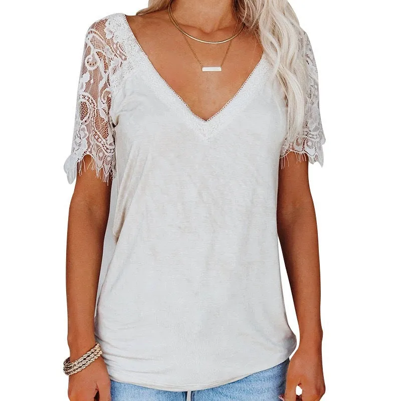 Popular Urban Style Short Sleeve V-neck Feather Lace Women's Top