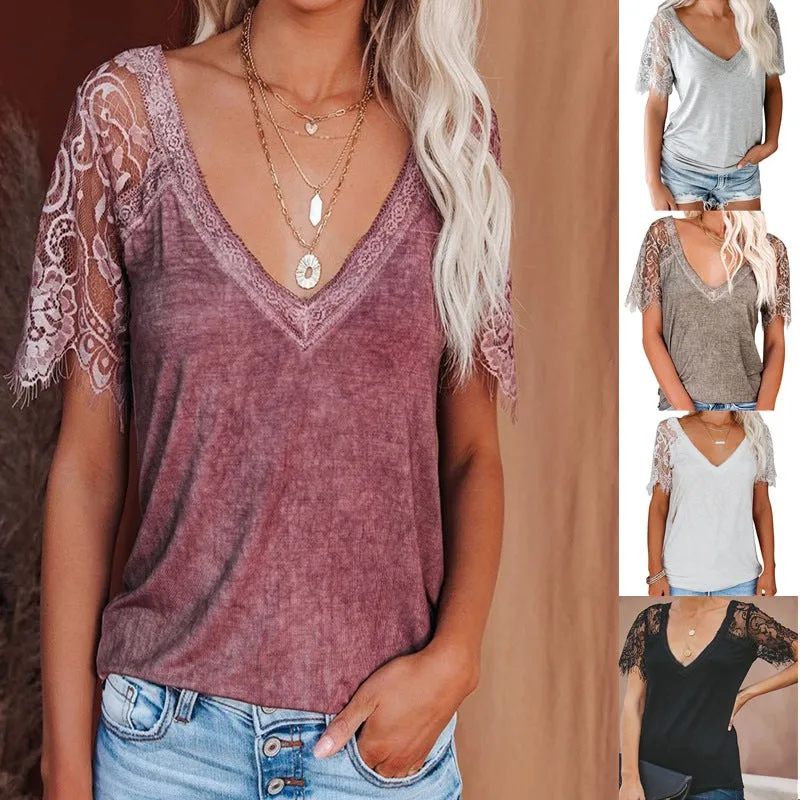 Popular Urban Style Short Sleeve V-neck Feather Lace Women's Top