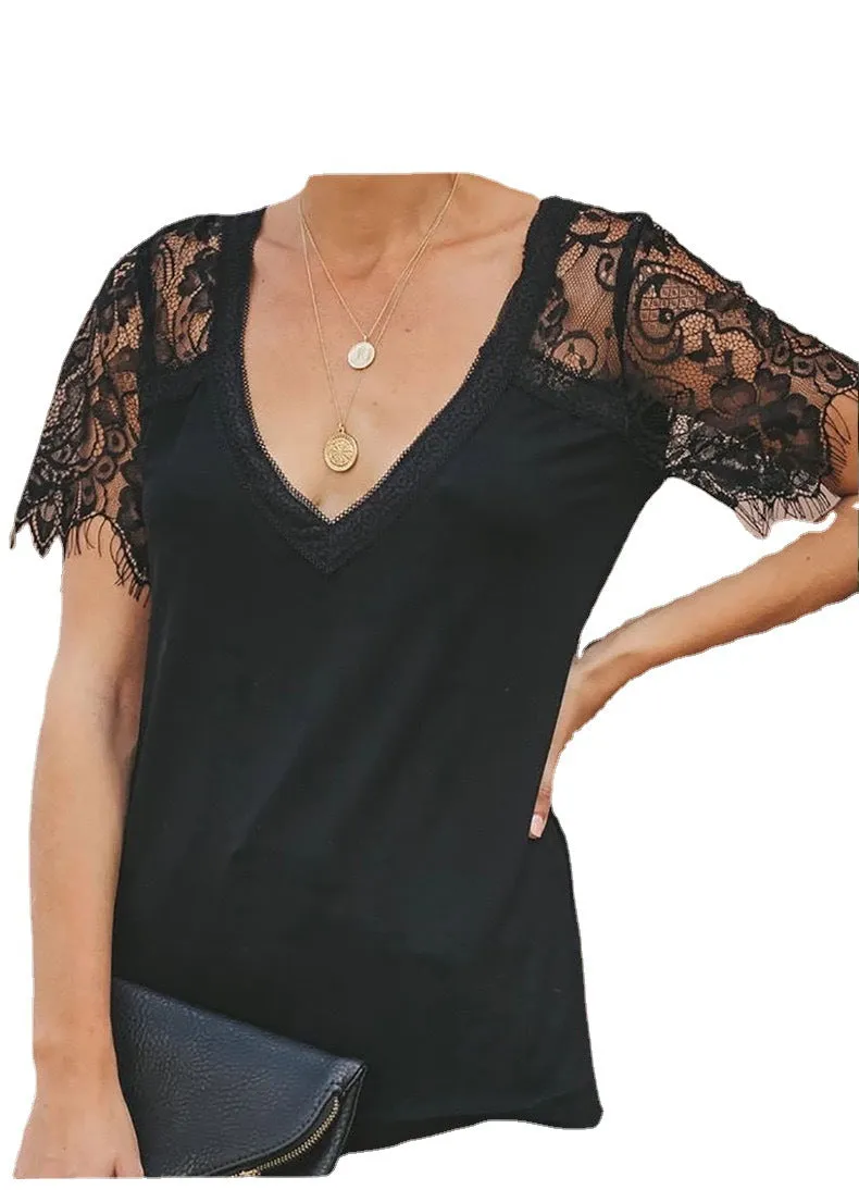 Popular Urban Style Short Sleeve V-neck Feather Lace Women's Top