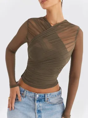 Sheer Mesh Long Sleeve Sexy T-shirt Women 2023 Autumn New V Neck Zipper Layered Skinny Club Party Sexy Tops