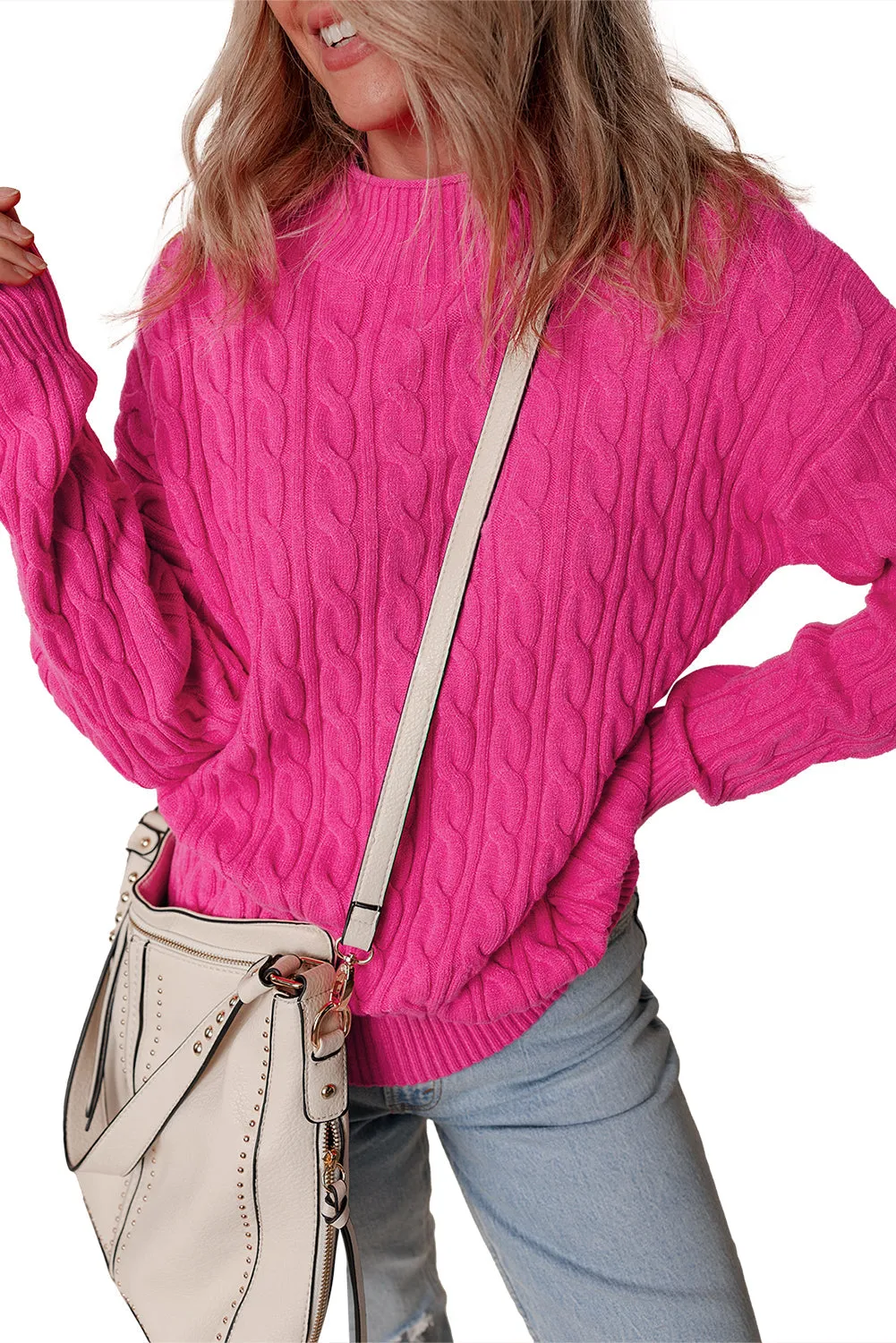 Solid Cable Knit High Neck Sweater