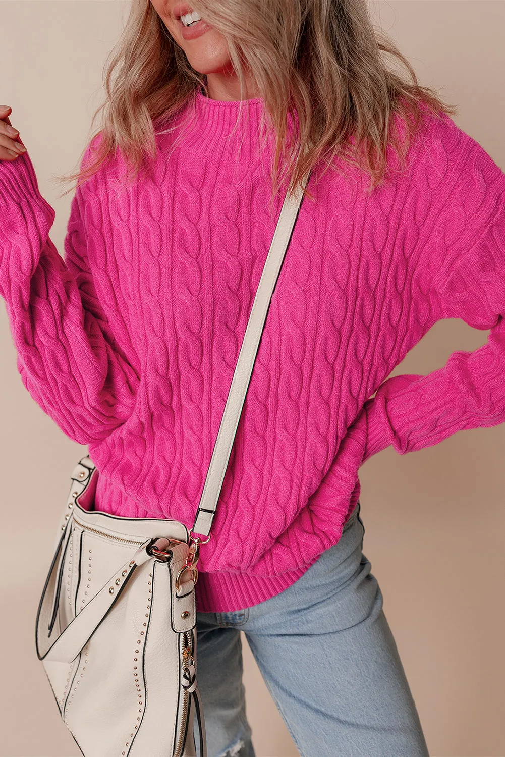 Solid Cable Knit High Neck Sweater