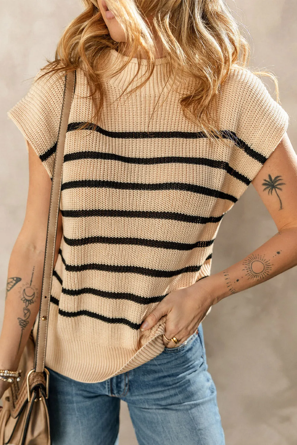 Striped Ribbed Knit High Neck Sweater