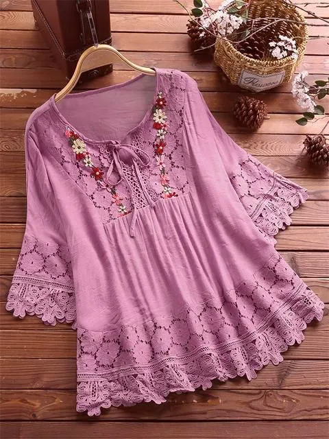 Summer Cotton Linen Stitching Lace Elegant Solid Color V-neck Loose Women's Top