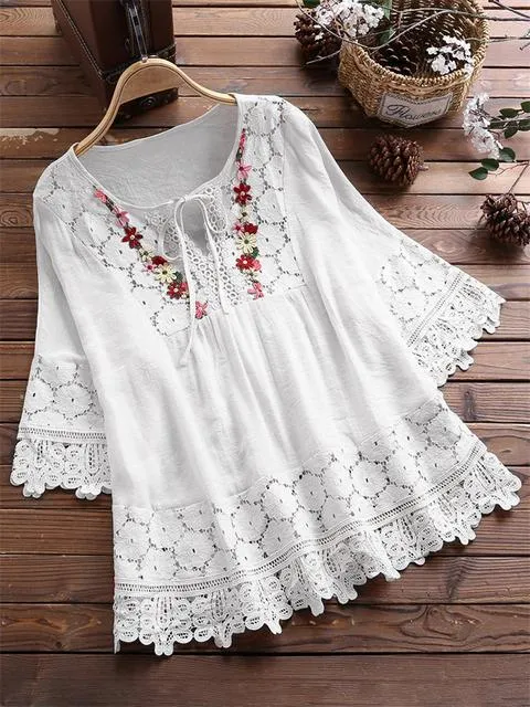 Summer Cotton Linen Stitching Lace Elegant Solid Color V-neck Loose Women's Top