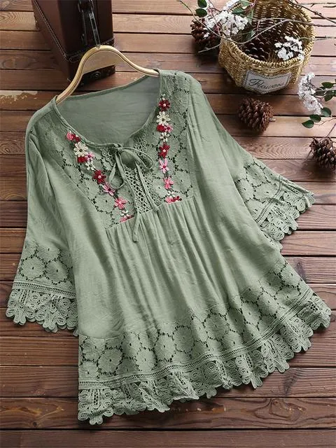 Summer Cotton Linen Stitching Lace Elegant Solid Color V-neck Loose Women's Top