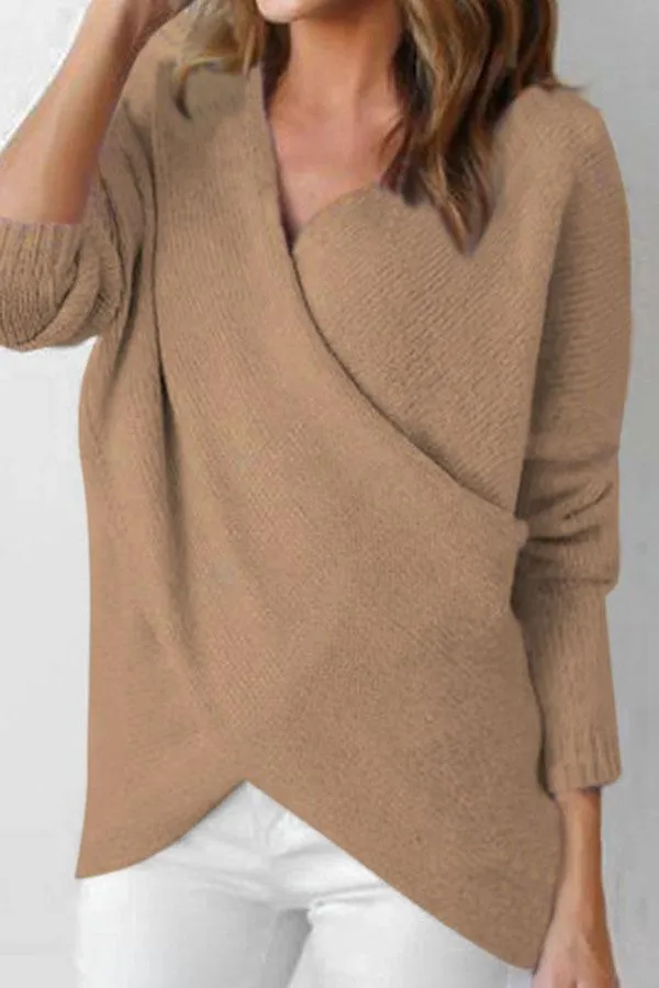 Surplice  Asymmetric Hem  Plain Sweaters