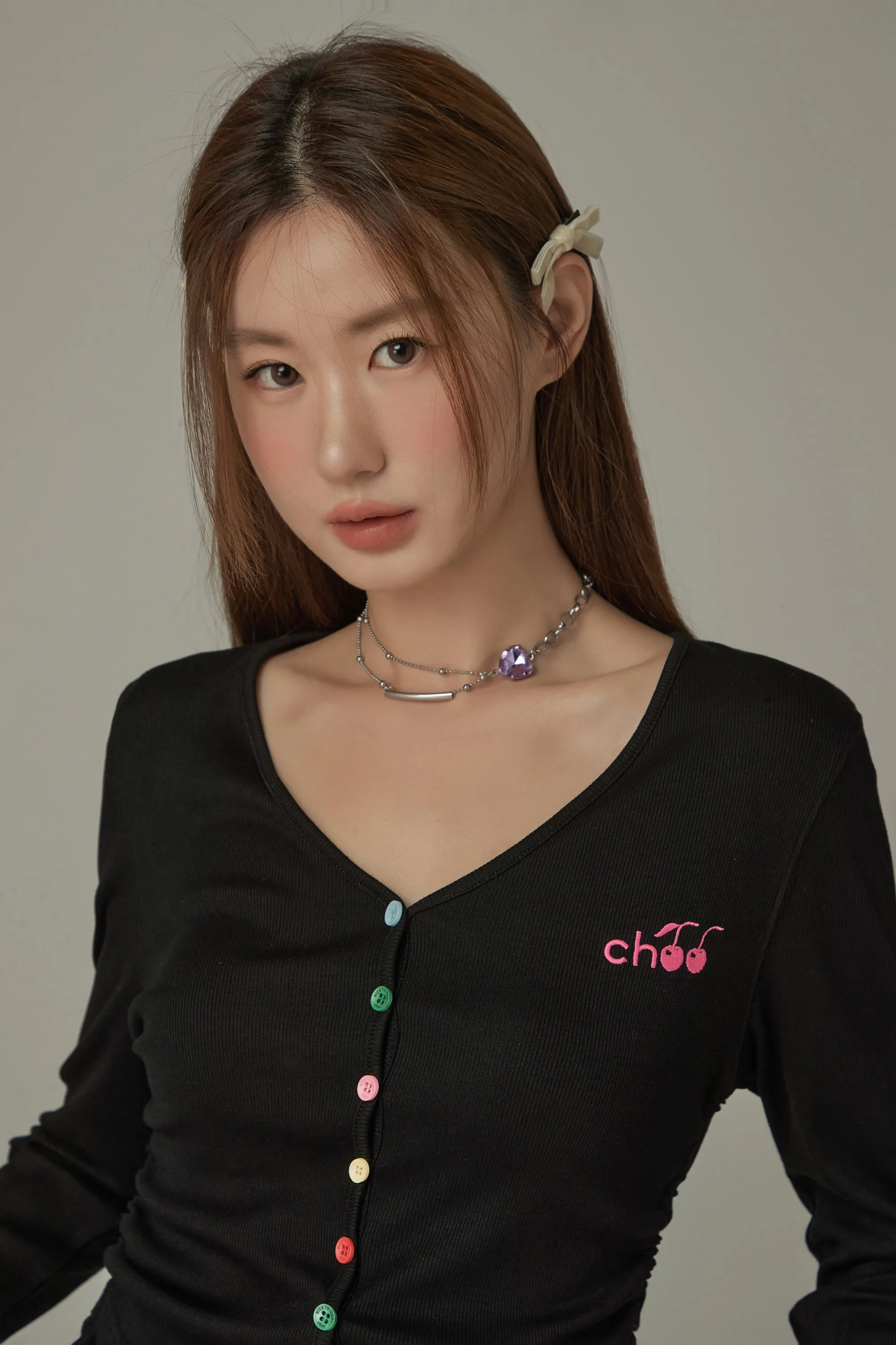 V- Neck Rainbow Button Logo Tie Up Top