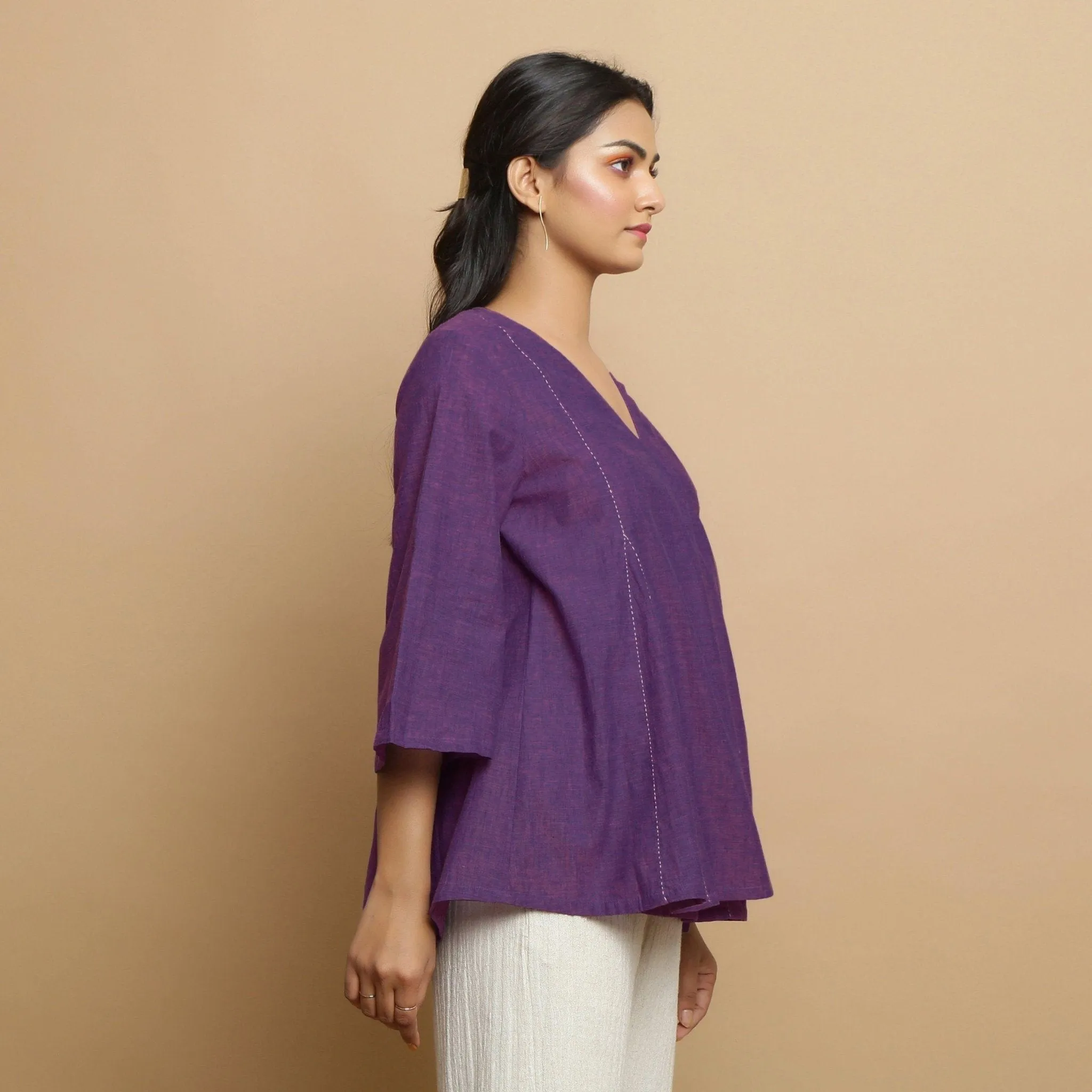 Violet Handspun Cotton V-Neck Wrap Godet Top